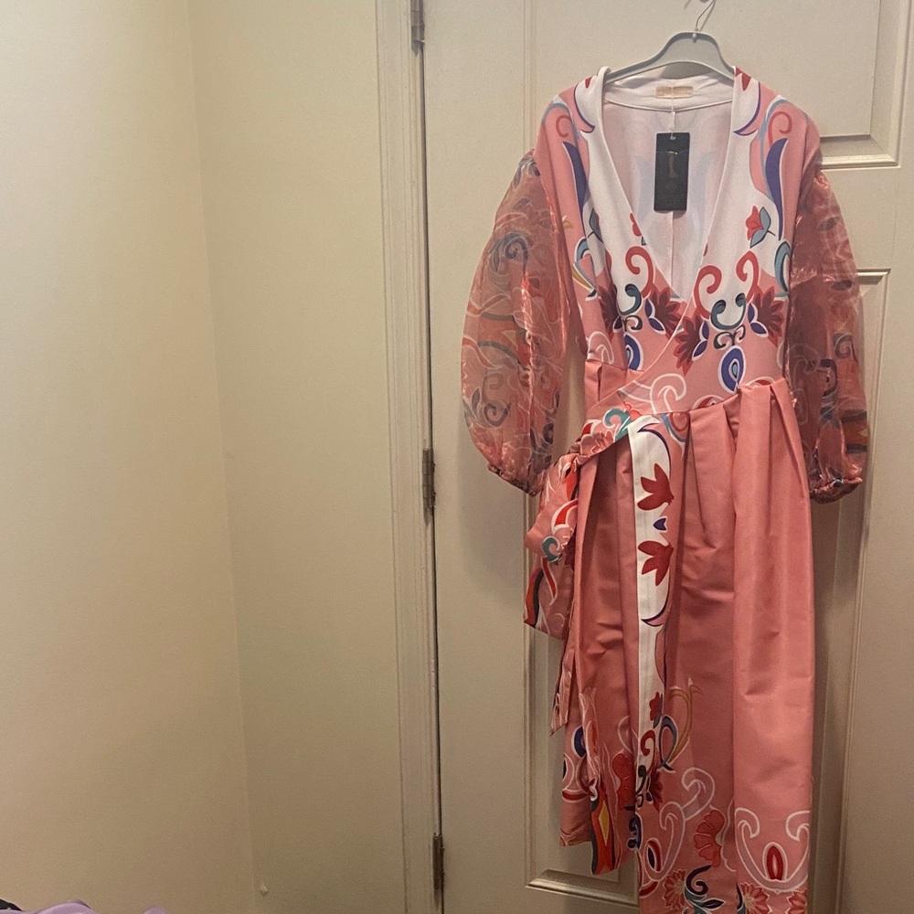 Pink and White Patterned Dress with Sheer Sleeves